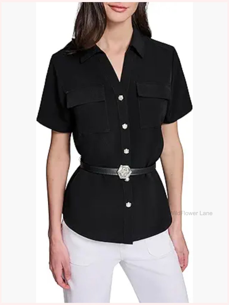 Cap Sleeve Blouse With Removable Belt, Relaxed Fit, Woven, Front Button Closure